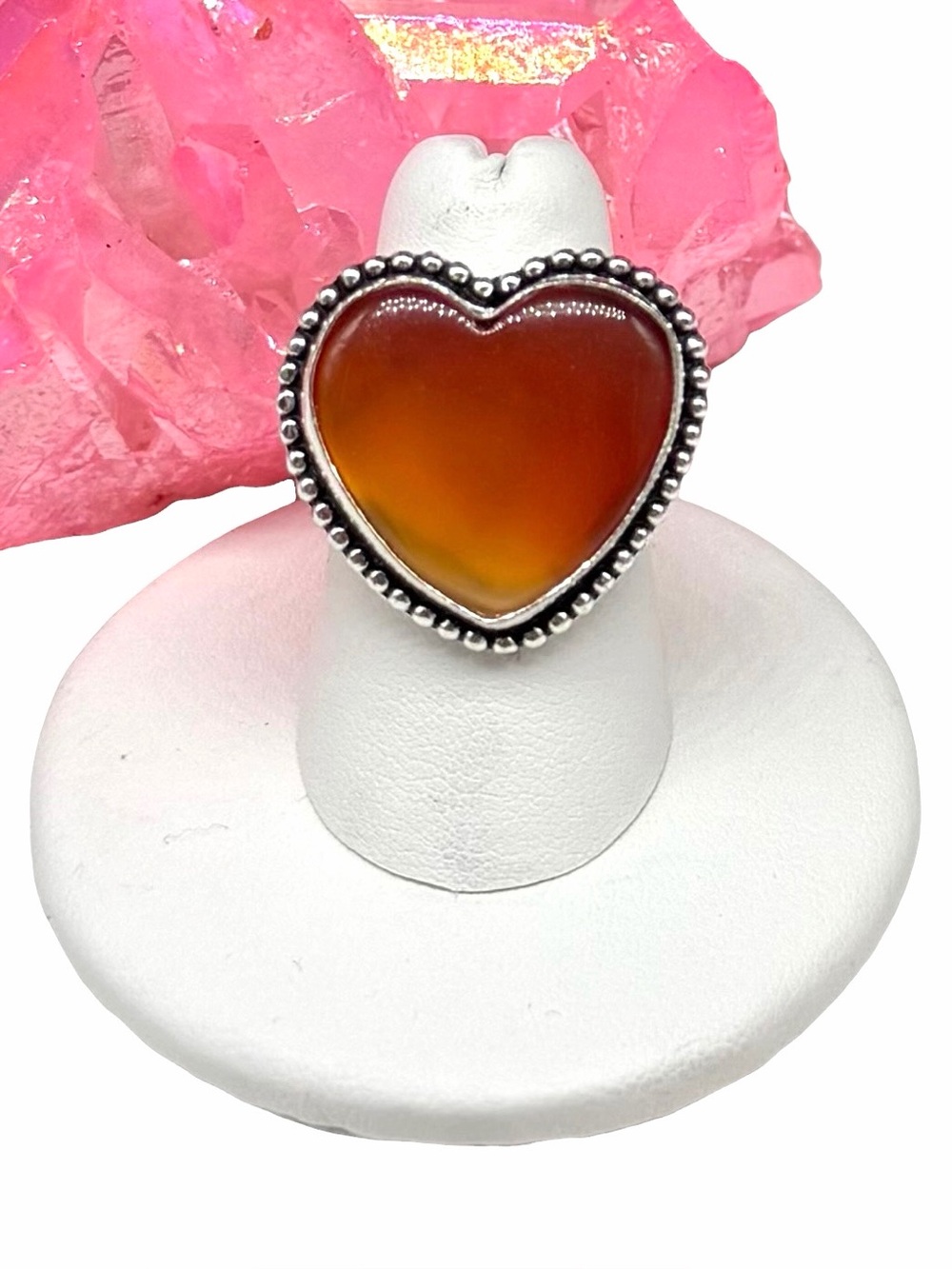 Carnelian Heart Shaped Ring Size 6.5 925 Sterling Silver Overlay Orange